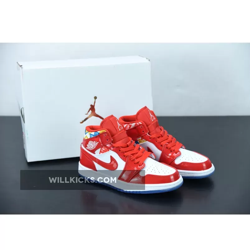 Air Jordan 1 Mid Barcelona Sweater DC7294-600, red patent leather sneakers