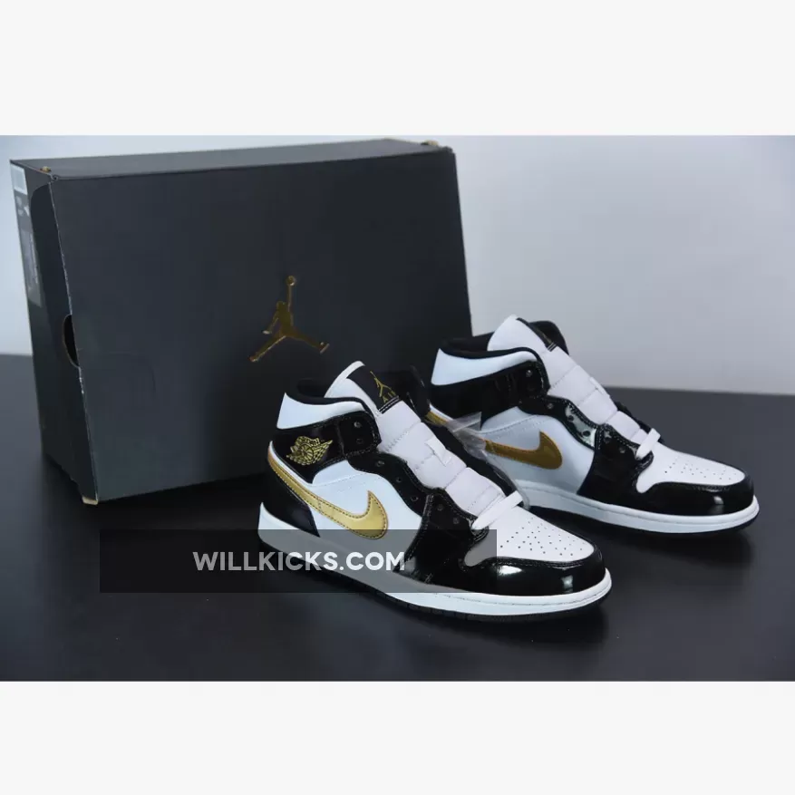 Air Jordan 1 Mid Patent Leather Black Gold 852542-007 - black and gold jordan 1 mids