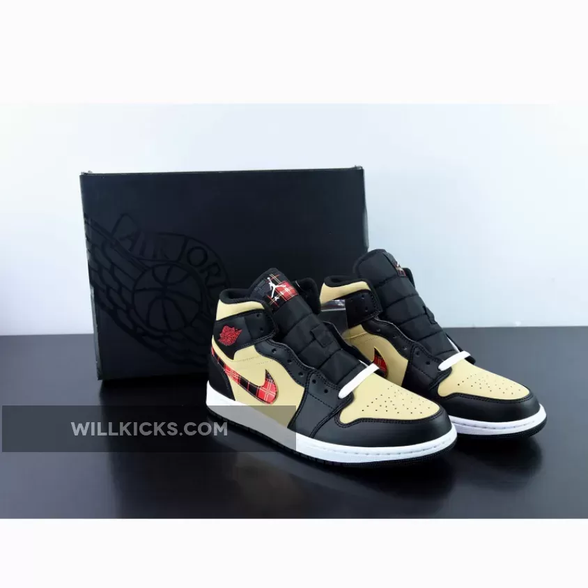 Air Jordan 1 Mid Tartan Swoosh Tan/Black-Red DZ5329-001 - jordan 1 mid tan and red