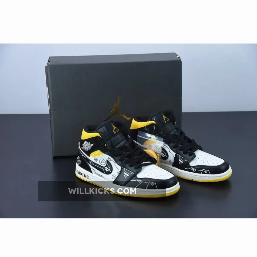 Custom Air Jordan 1 Mid OG 'Video Game' Black White Yellow, air jordan 1 white yellow black