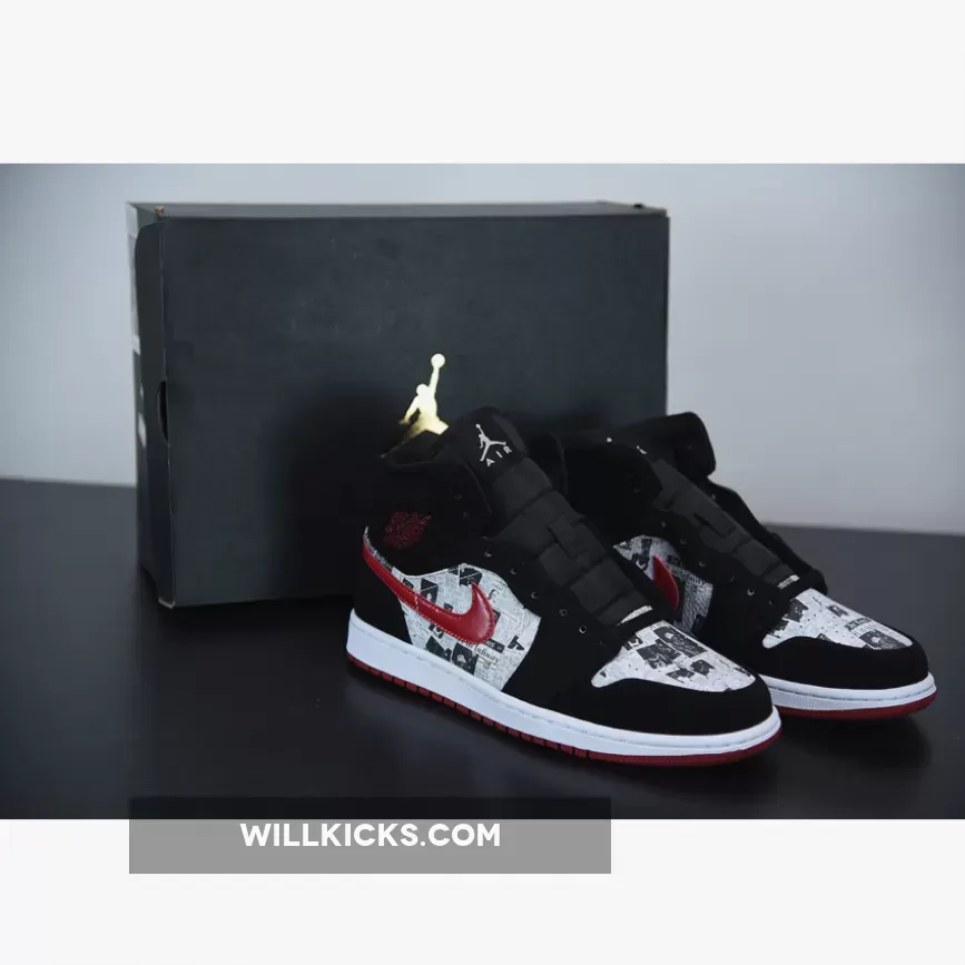 Air Jordan 1 Mid 'Newspaper Air Times' Black/Gym Red-White 852542-061 New Releases